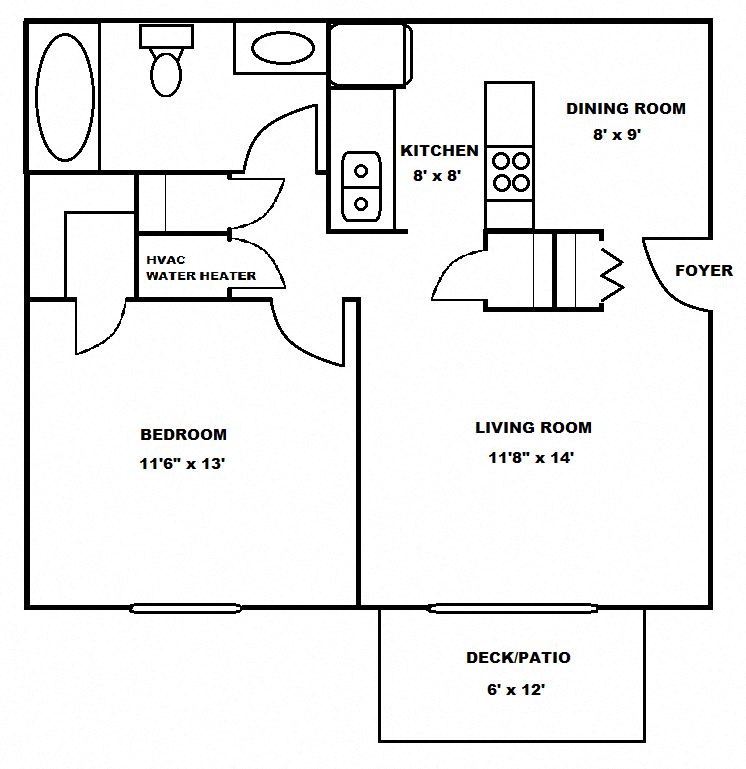 Floor plan for 1 bed, 1 bath, 672 sqft
